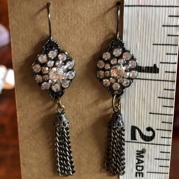 Art Nouveau Style Rhinestone & Chain Tassel Earrings - Picture 3 of 3